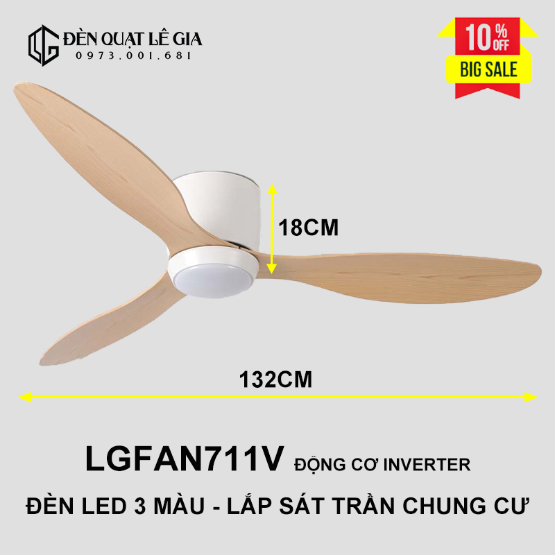 Quạt trần sát trần lê gia lgfan711v - gỗ sồi | quạt trần đèn