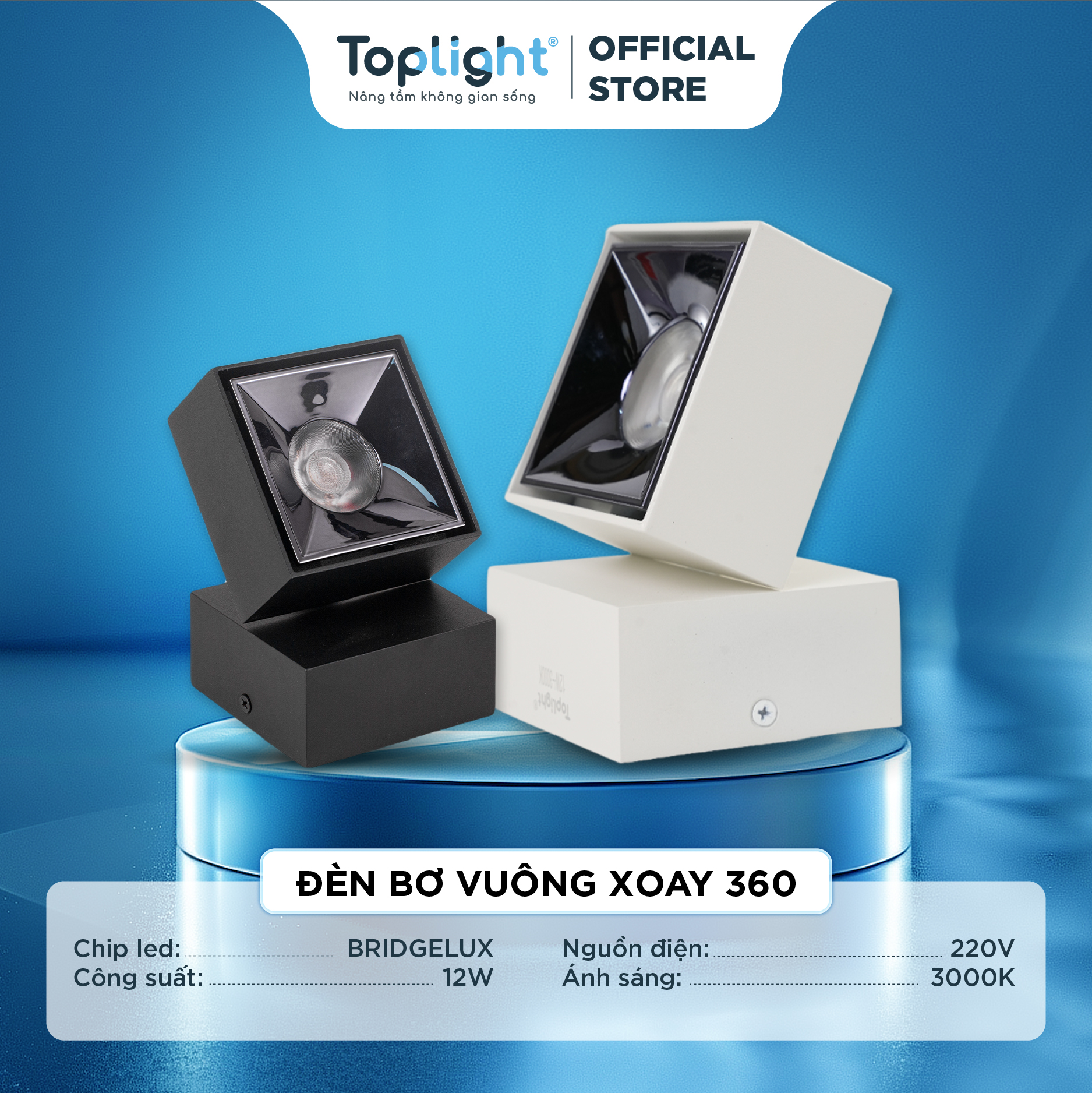 Đèn ống bơ vuông xoay 360 độ Toplight 12W - Đèn led 360 độ cho ánh sáng tốt