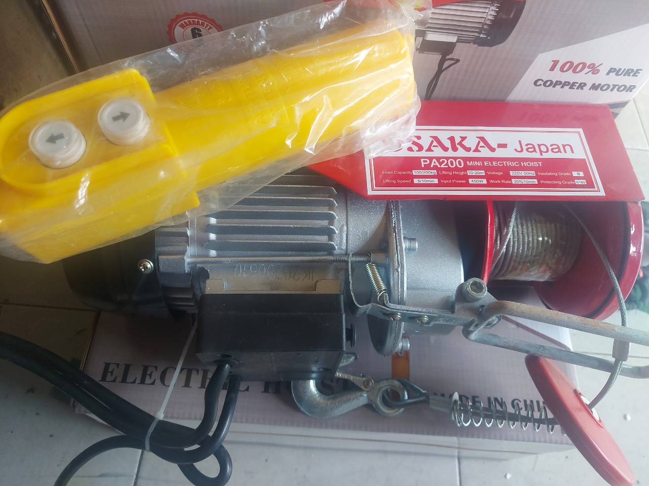 Máy tời điện PA200 - Osaka tải trọng 100kg(200kg) dây cáp 12m. tời điện mini PA200