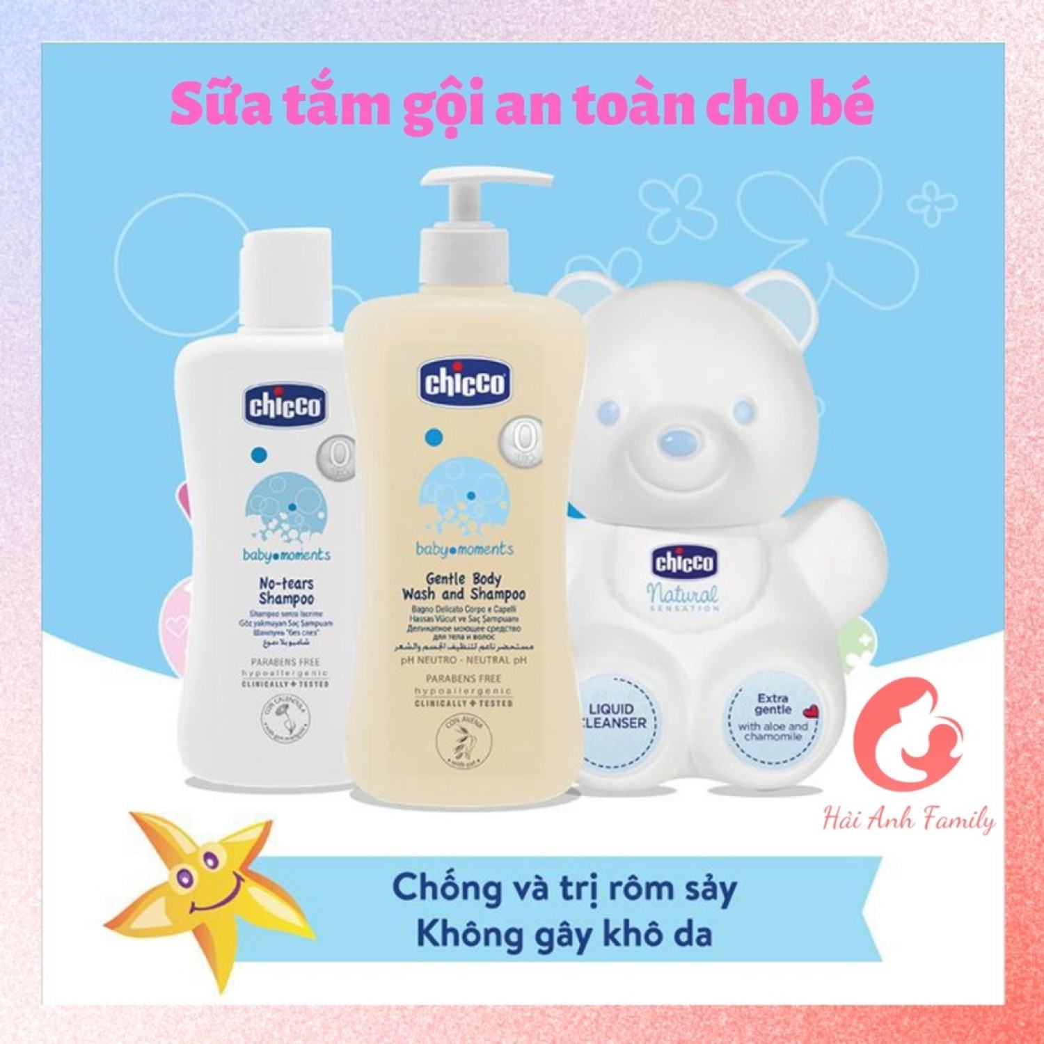 Sữa tắm gội toàn thân cho bé chiết xuất yến mạch/hoa cúc 0+ chicco 500ml/200ml
