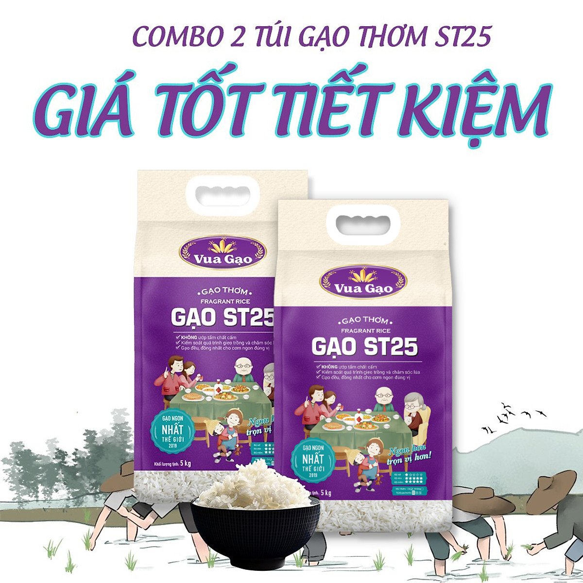 COMBO 2 Túi 5kg Gạo ST25 - Chính hãng Vua Gạo, Gạo thơm ST25 [Mình bán Gạo]