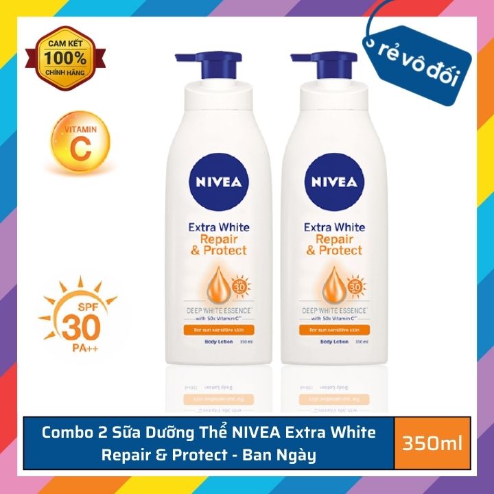 Bộ 2 Sữa dưỡng thể NIVEA Extra White Repair & Protect dưỡng ẩm trắng da giúp phục hồi và chống nắng SPF30 (350mlx2) - Thái Lan