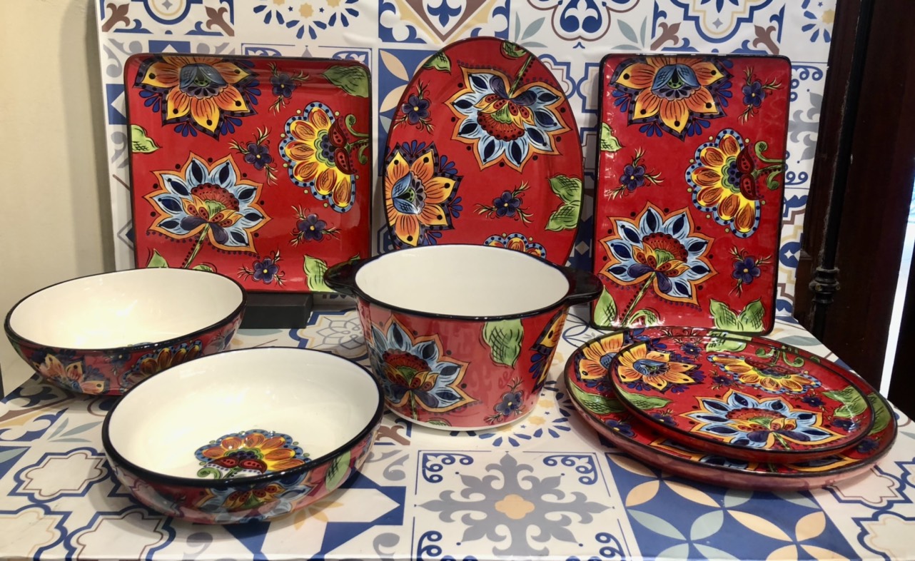 [ Hàng có sẵn] Bộ bát đĩa gốm sứ Vẽ tay họa tiết Châu Âu hoa văn thổ cẩm đỏ sang trọng