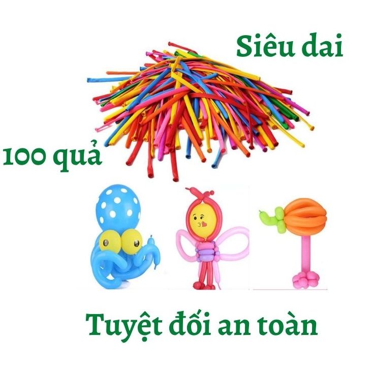 1 túi bóng bay dài, bóng bay giun tạo hình 100 quả đủ màu siêu dai bền, an toàn cho bé