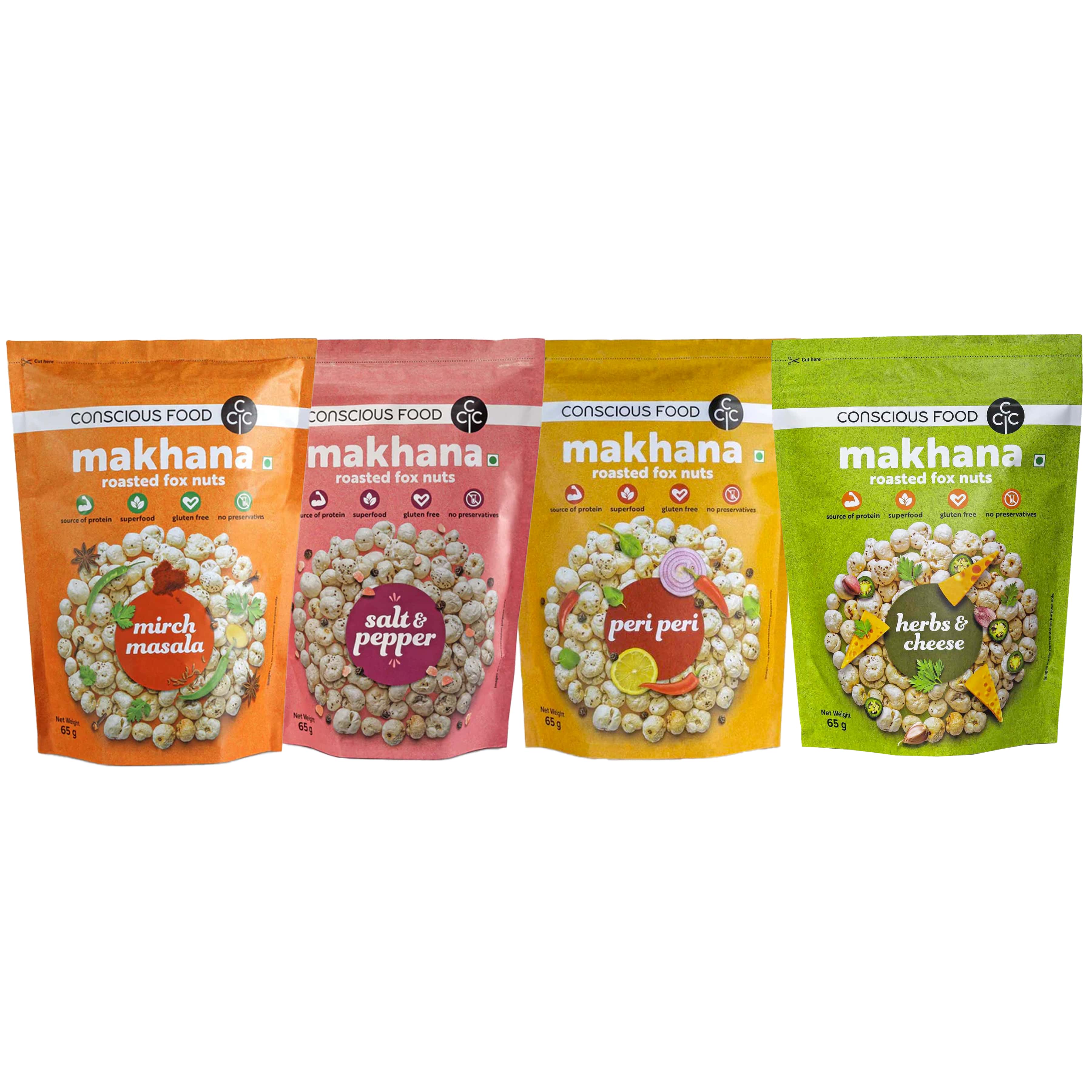 Combo hạt sen nổ phồng makhana 4 vị cay mirch + chua cay peri + muối tiêu + thảo mộc phô mai hạt fox nut angel foods
