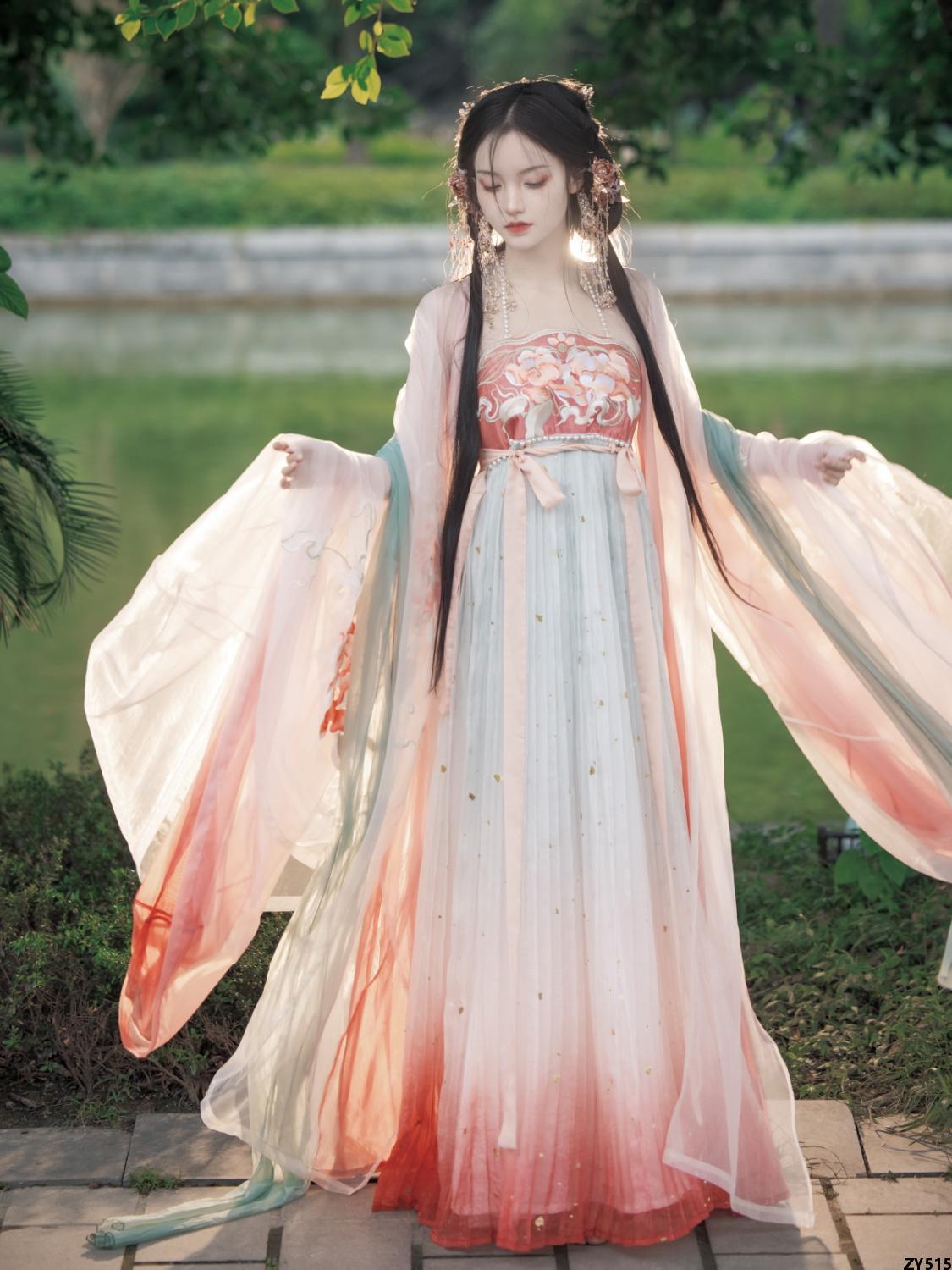 Bộ đồ áo hán nữ tay to tay to nguyên bản thời đường có hương thơm nguyên bản, bộ đồ hán phục xuân hè váy ngọc bích thêu