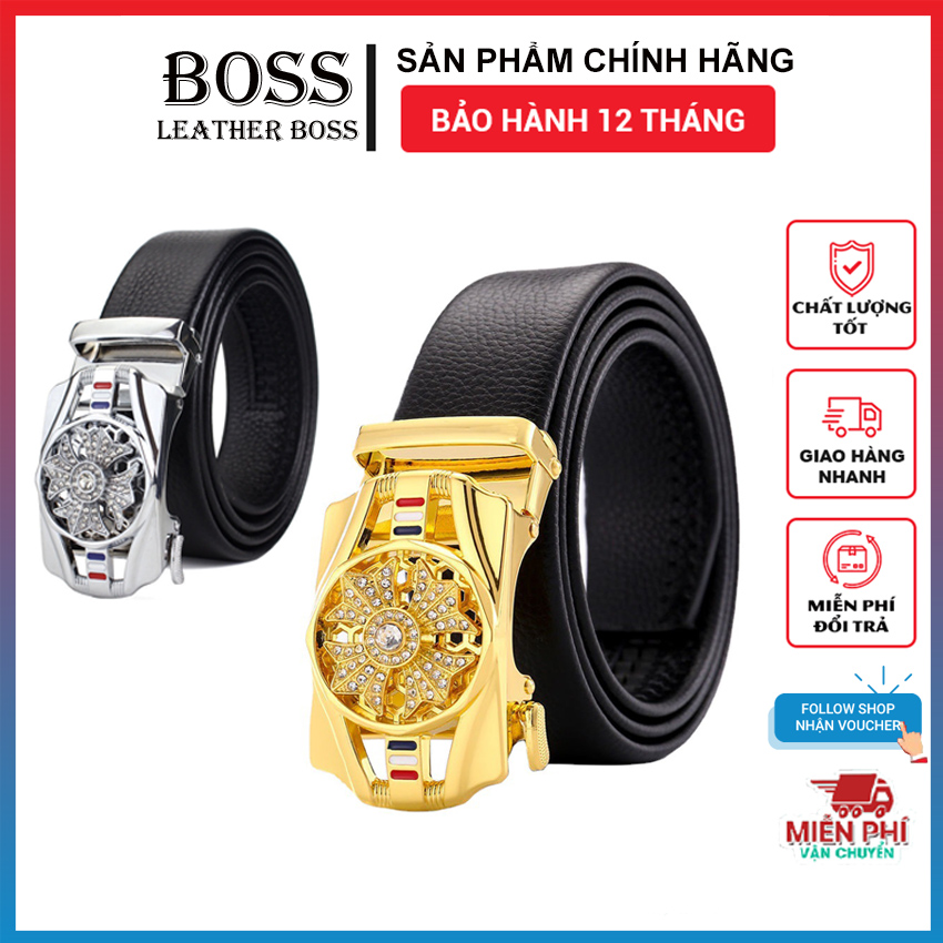 Thắt lưng nam da cao cấp mặt xoay đính đá, dây lưng nam khóa tự động, dây nịt nam- leather boss
