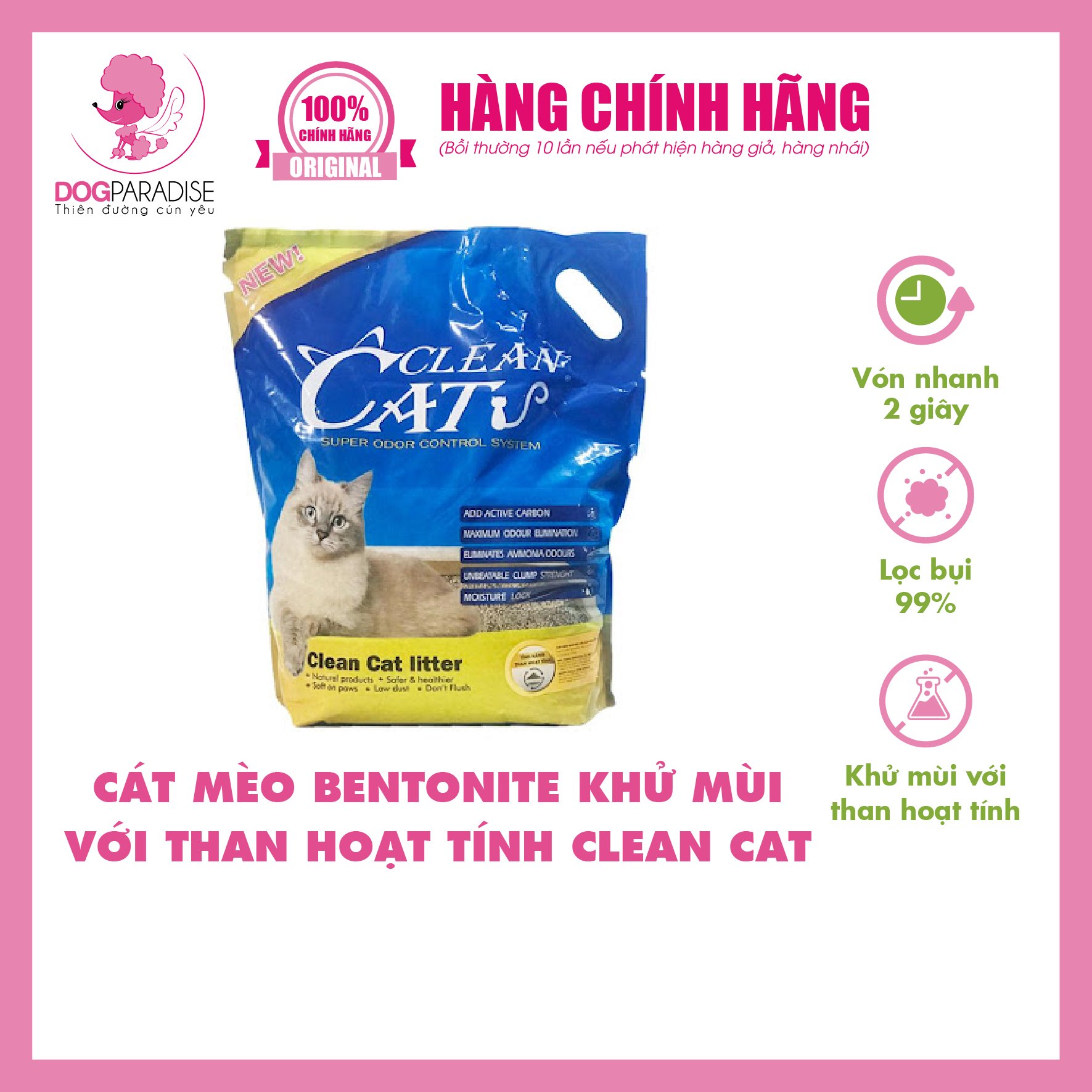 Cát mèo bentonite khử mùi với than hoạt tính CLEAN CAT 8L - Dog Paradise