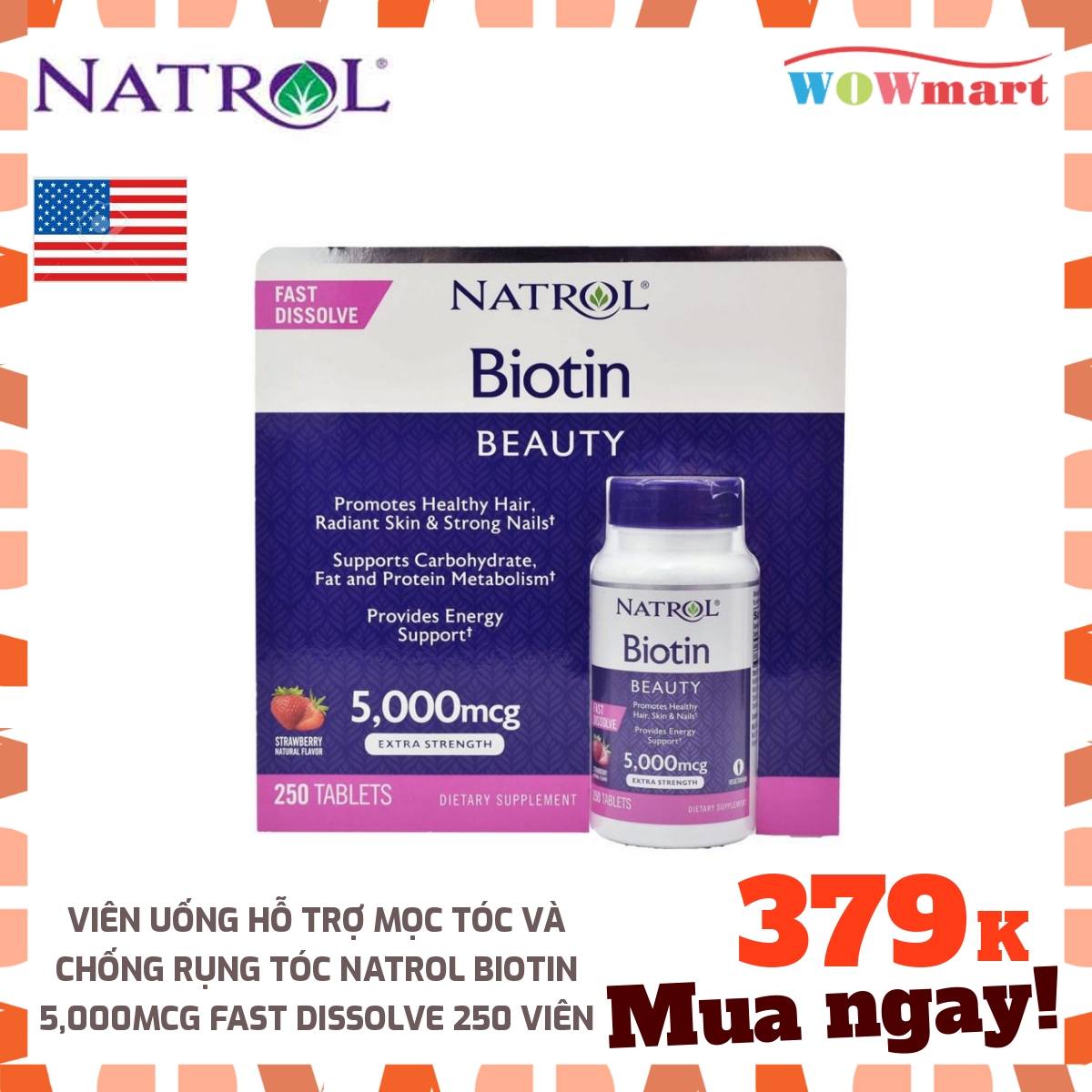 [HCM]Viên uống hỗ trợ mọc tóc và chống rụng tóc Natrol Biotin 5000mcg Fast Dissolve 250 viên - [MỸ]