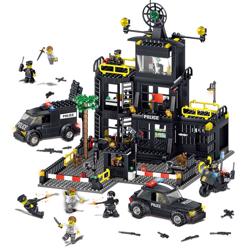 Bộ đồ chơi xếp hình lego trụ sở cảnh sát, lego oto, lego robot, lego thuyền, lego trực thăng, lego xe