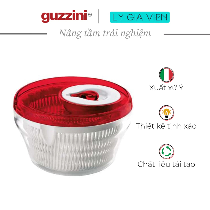 Rổ quay vắt rau guzzini salad spinner 28cm - chất liệu nhựa trong - an toàn với máy rửa chén