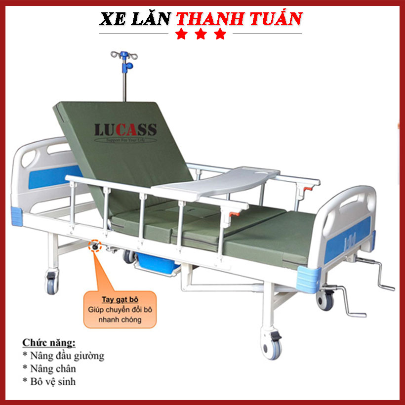 Giường y tế 2 tay quay + bô vệ sinh Lucass GB-C43 - Giường bệnh có bô giá trẻ tặng bàn ăn, thau gội đầu, tặng tấm lót bô vệ sinh