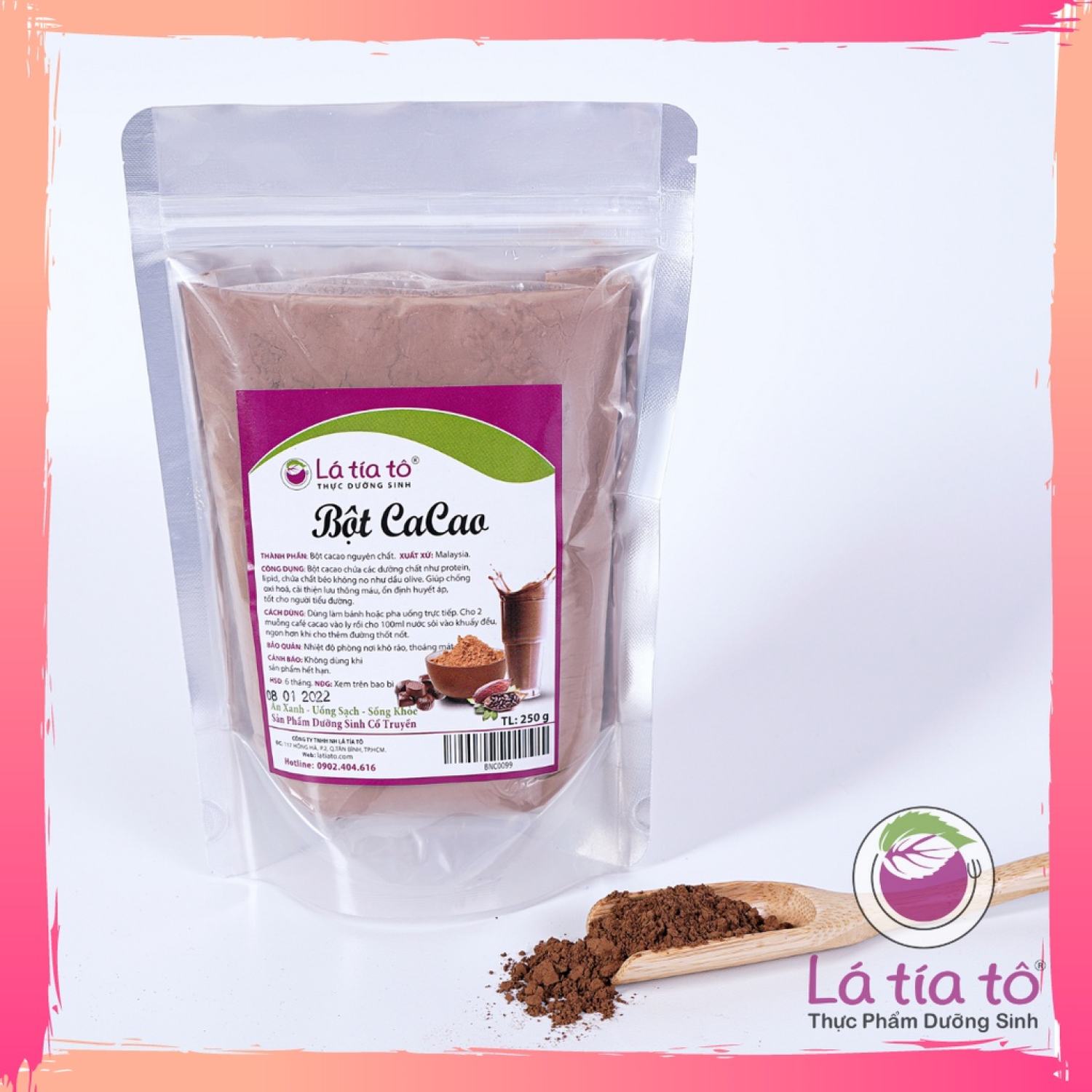 Bột cacao nguyên chất 250gr- lá tía tô