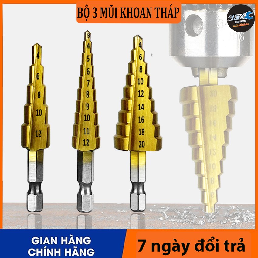 Bộ 3 mũi khoan tháp loại tốt, Mũi khoan tháp chuôi lục giác tuỳ chọn kích thước 4-12,4-12,4-20