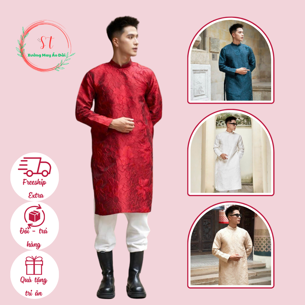 Áo dài cách tân nam Vân Phong nam tính, thanh lịch chất gấm vân hoa nổi và gấm vân kim tuyến - ST33