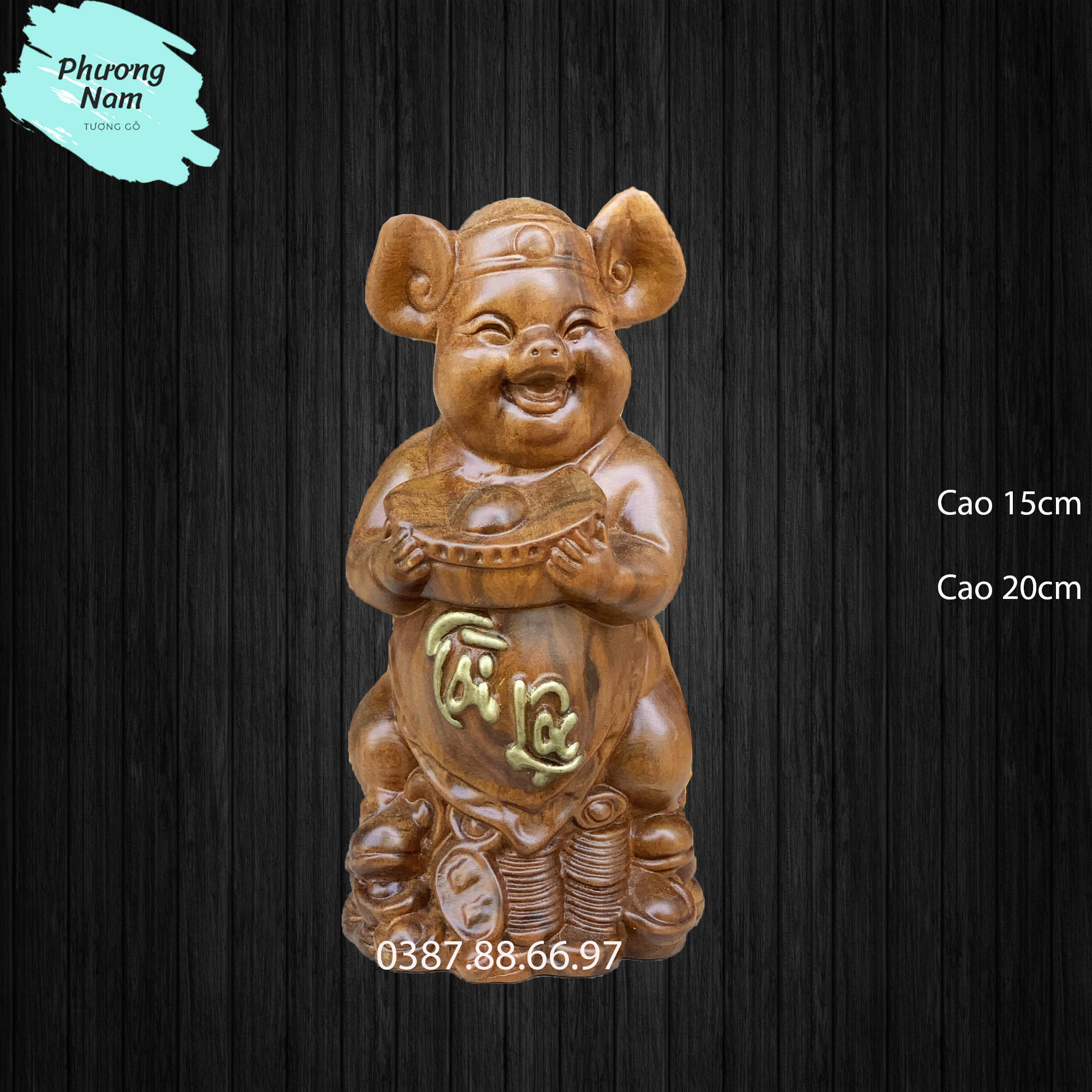 Tượng gỗ heo tài lộc chữ mạ vàng cao 15cm và 20cm Cực Đẹp