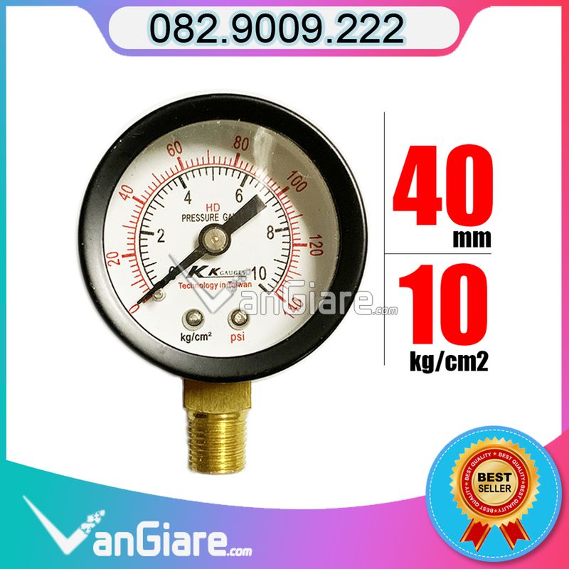 Đồng hồ đo áp suất KK gauges nước khí hơi mặt 40mm, 10kg
