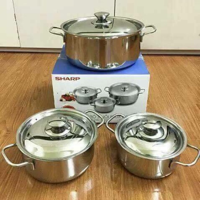 [GIAO NHANH 2H]Bộ 3 nồi inox sáng bóng SHARP nắp inox 24cm 18cm 16cm dùng được bếp từ và mọi loại bếp bộ nồi inox chắc chắn cao cấp