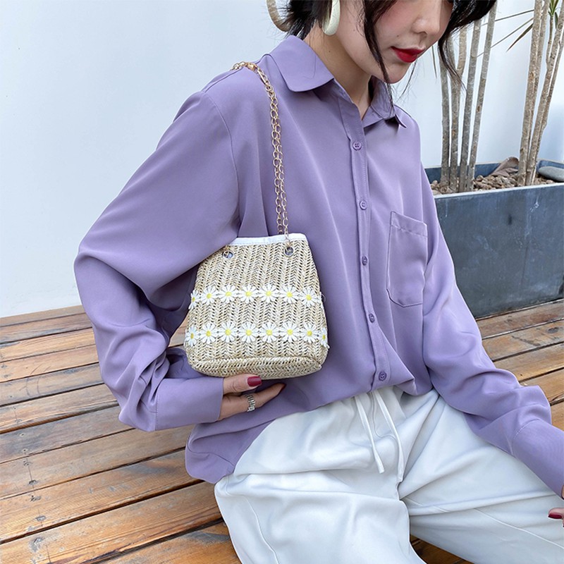 Túi cói đeo chéo hoa cúc nhỏ phối dây xích siêu đẹp tx54