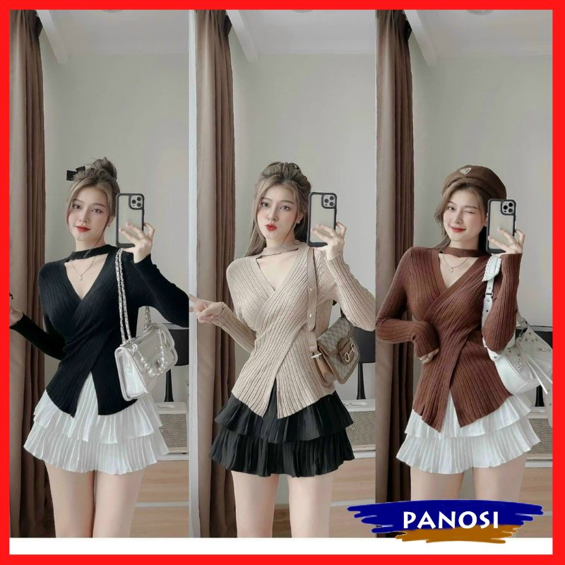 Áo len nữ áo len kiểu vạt chéo cổ tim dây choker nữ tính nhẹ nhàng PANOSI - A709