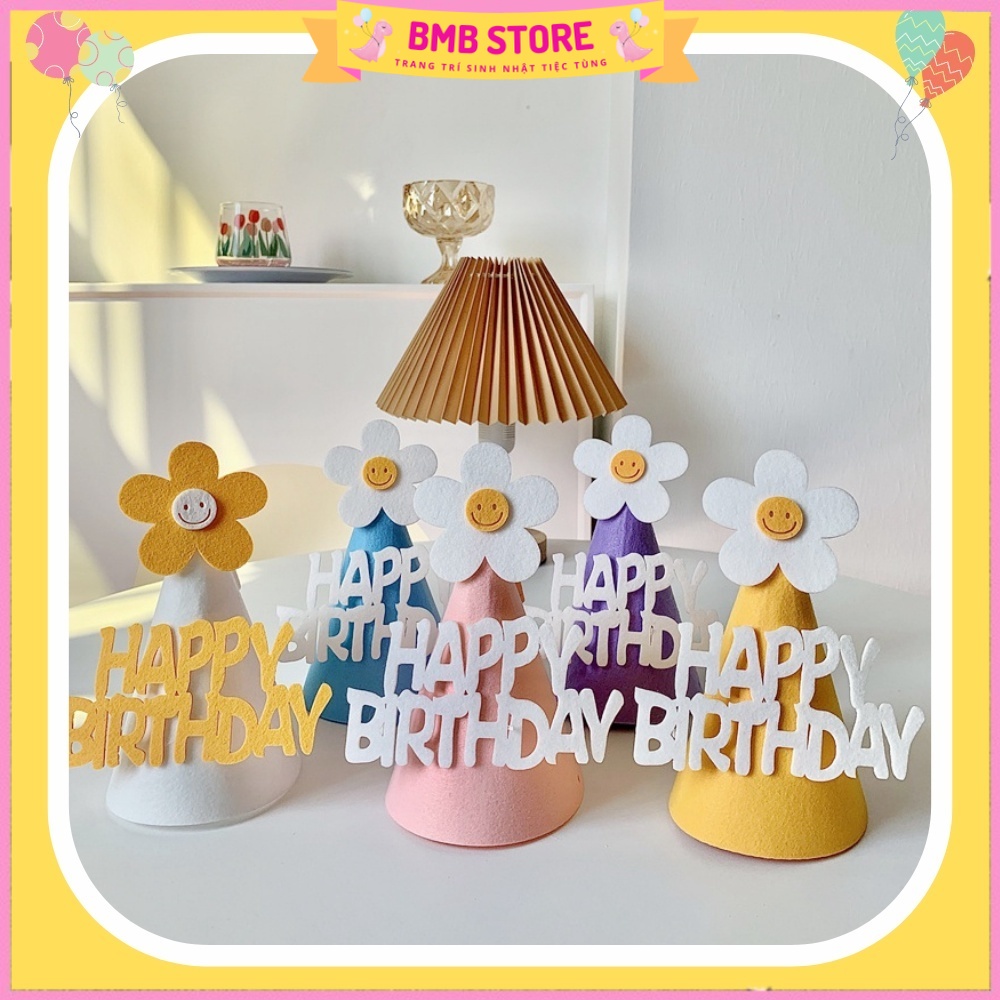 Mũ sinh nhật, nón nỉ happy birthday thiết kế hình hoa cúc phong cách hàn quốc phụ kiện sinh nhật