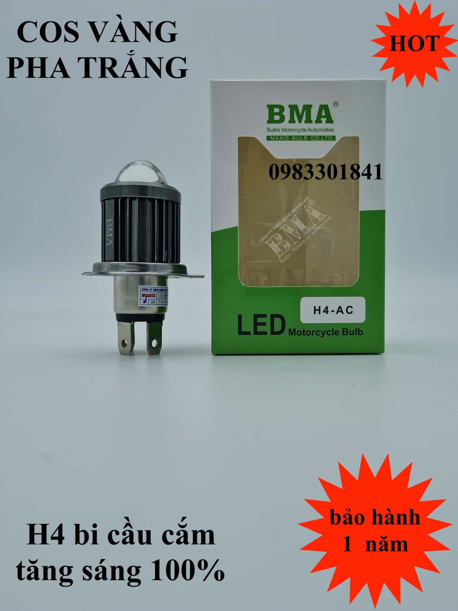 Đèn pha led BMA chính hãng H4 bi cầu cos vàng pha trắng cho xe máy