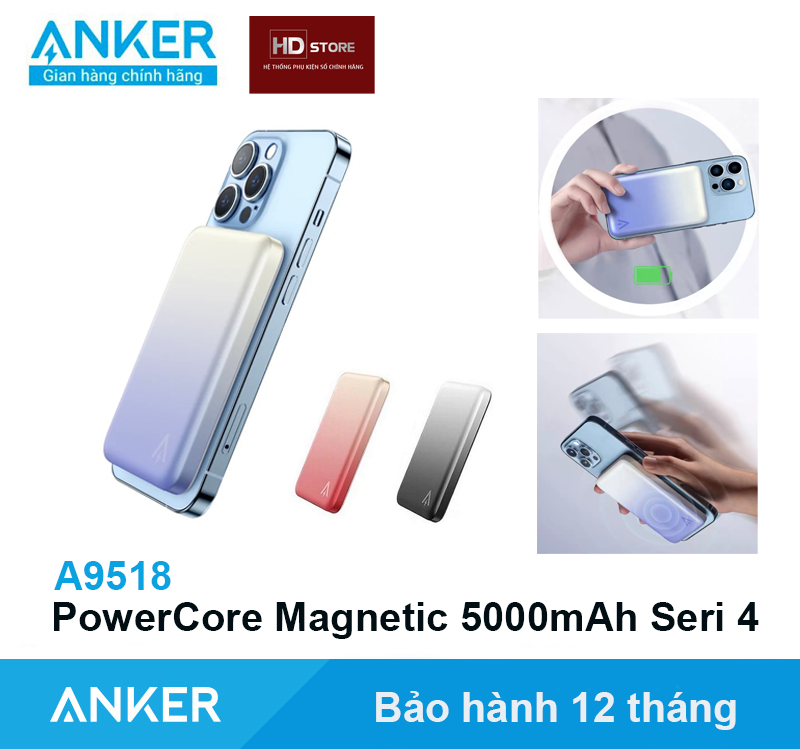 Pin sạc dự phòng Magsafe Anker 5000mAh Hít Lưng Từ Tính - A9518 Seri 4 cho IPhone 12 Pro 12 Pro Max 12 Mini 13 Mini 13 Pro 13 Pro Max Chính hãng