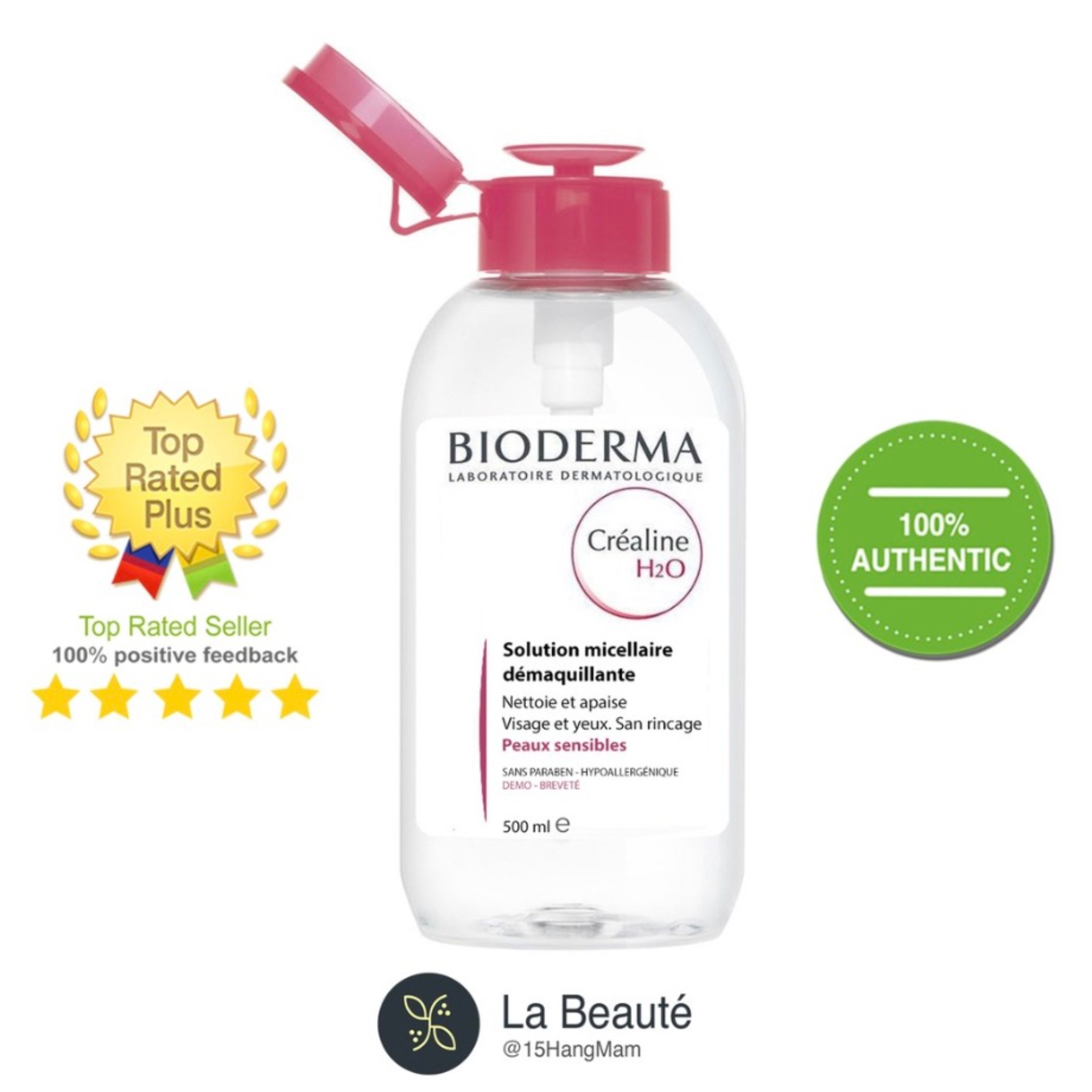 Bioderma Créaline H20 Pump (Limited Edition) - Tẩy Trang Bioderma Hồng Nắp Nhấn 500ml Mẫu Mới 2019