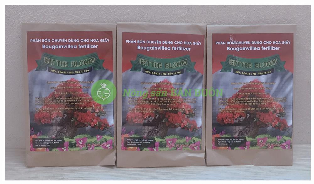 3 Bịch 10 gói/ bịch x 10g/gói, tổng 30 gói x 10g/gói = 300g Phân Bón Chuyên Dùng Cho Hoa Giấy Bougainvillea - Better Bloom, NPK: 6-36-36 + ME - Siêu Ra Hoa