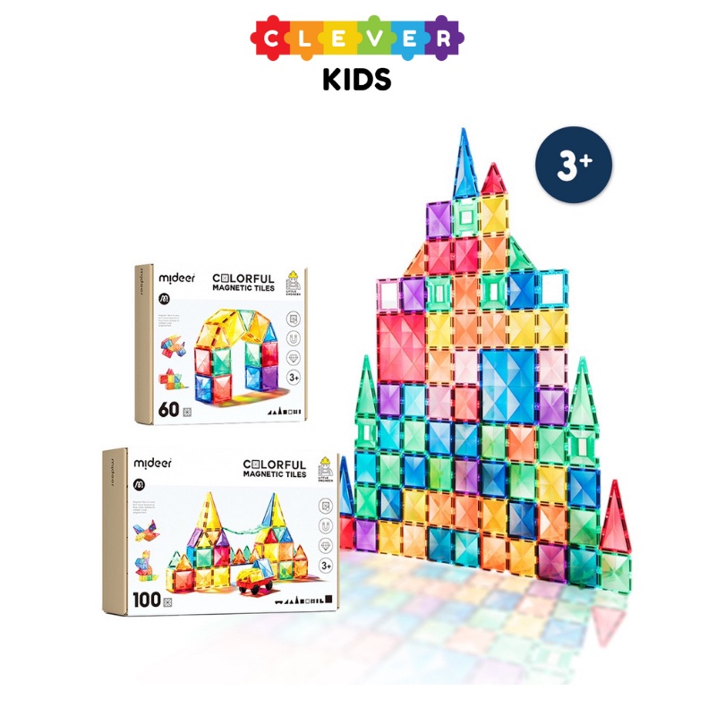 Bộ đồ chơi nam châm ánh sáng - 60 miếng và 100 miếng magnetic tiles mideer - cleverkids