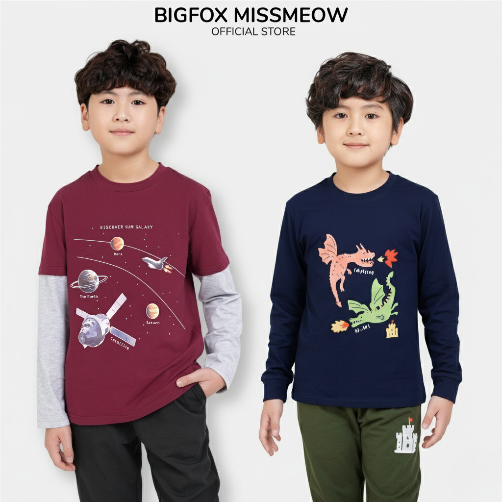  Bộ đồ dài tay thu đông cho bé trai Bigfox Miss Meow phối 3 màu size đại trẻ em 3,7,9,11 tuổi 30kg 