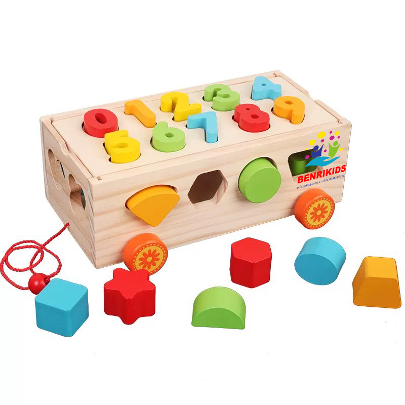 Đồ Chơi Gỗ, Xe Kéo Thả Hình Ghép Số 2 Trong 1, Đồ chơi Phát Triển Trí Thông Minh Cho Bé, Giáo Cụ Montessori