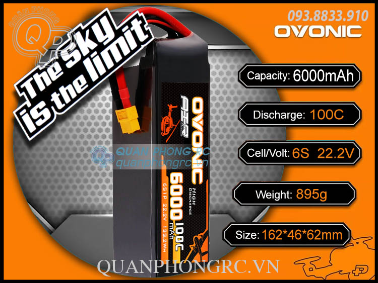 Ovonic AIR 6000mAh 6S 100C 22.2V LiPo Battery XT60 Plug dành cho máy bay điều khiển từ xa