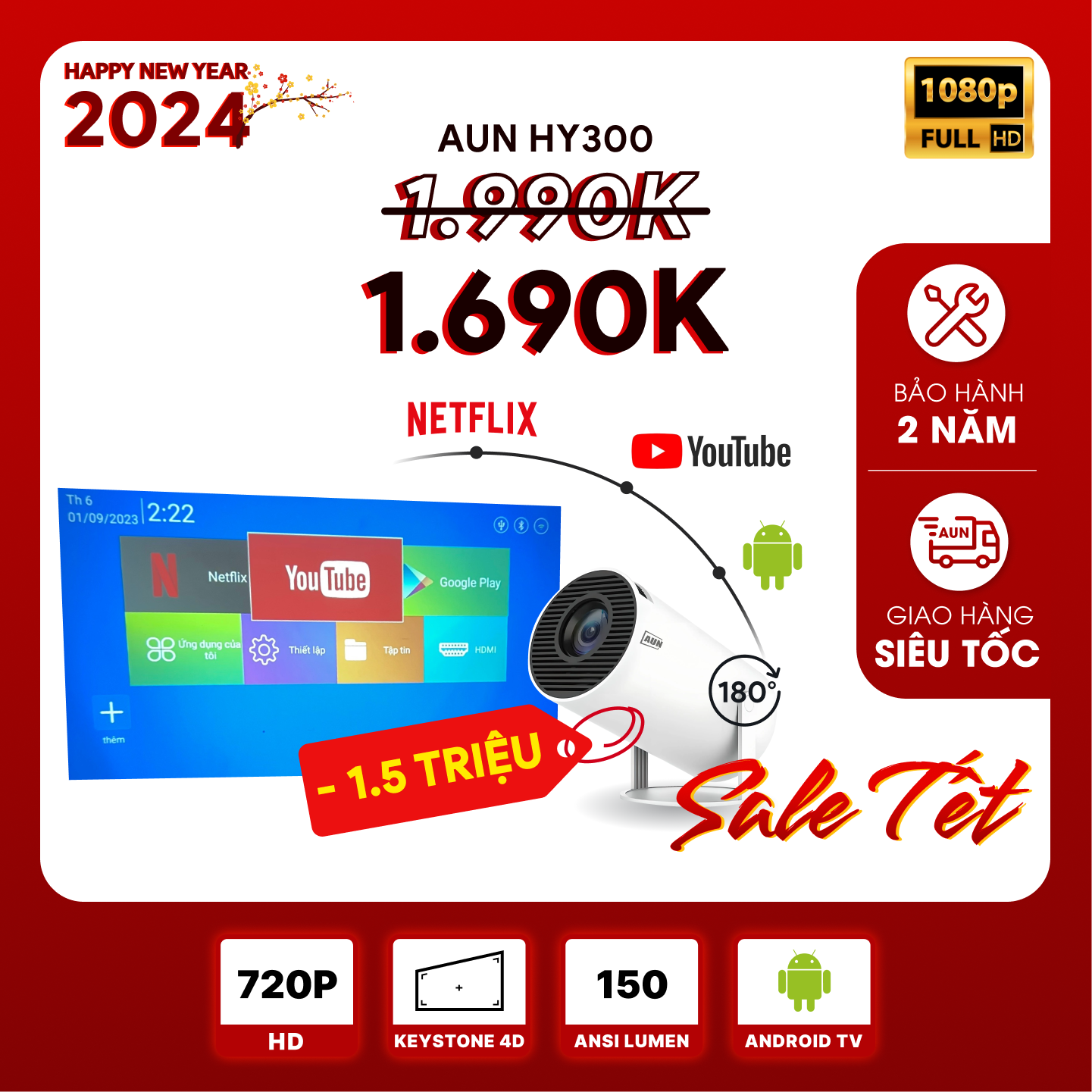 Máy chiếu mini AUN HY300 - Xoay 180 độ - Độ phân giải thực chuẩn HD - Độ sáng 150 ansi lumens