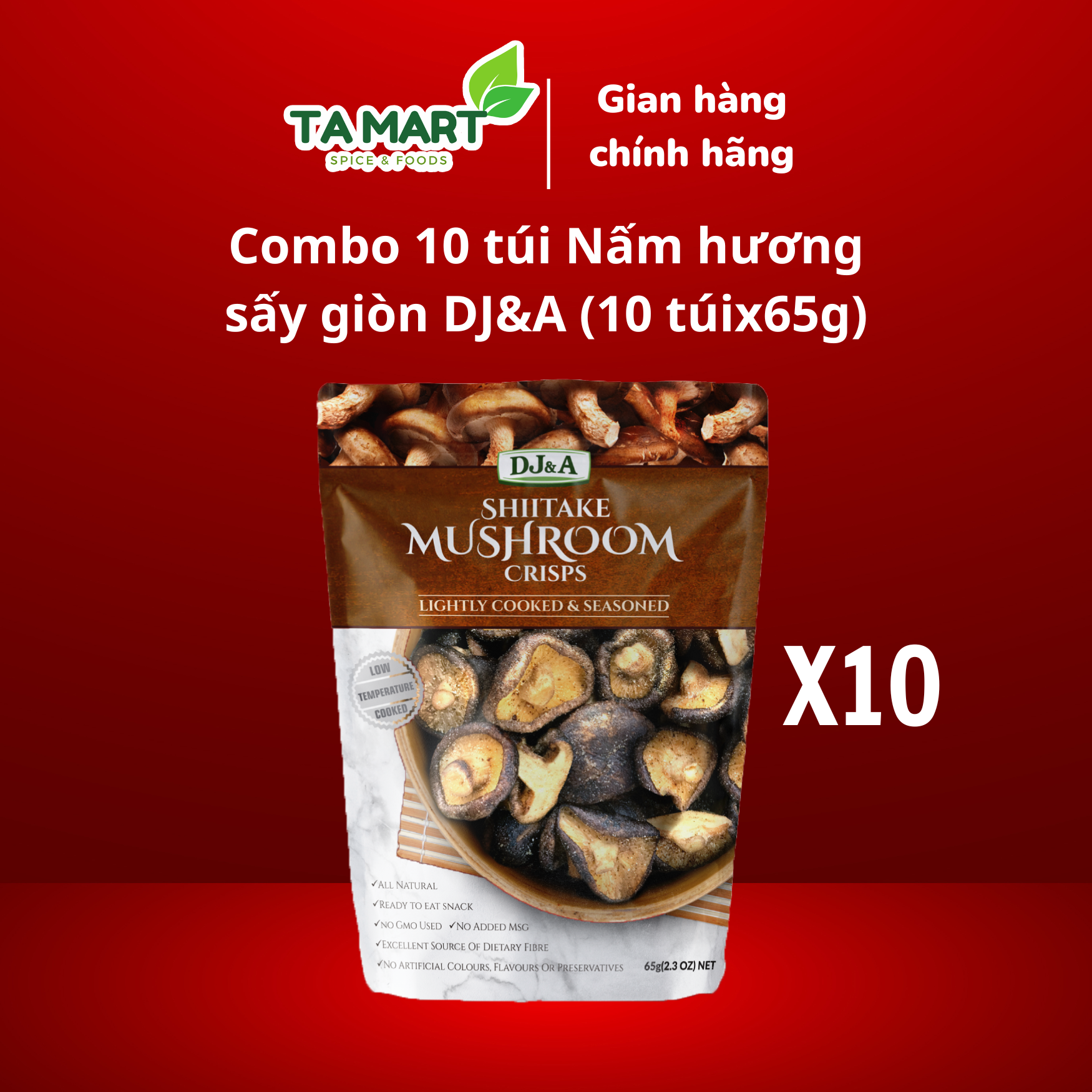 Combo 10 túi nấm hương sấy giòn dj&a 65g - ăn vặt tiện lợi, tốt cho sức khỏe, ăn chay - combo 10 dj&a shiitake mushroom crisps 65g