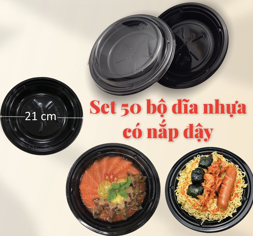 Set 50 bộ đĩa nhưa PP có nắp đựng mì, phở