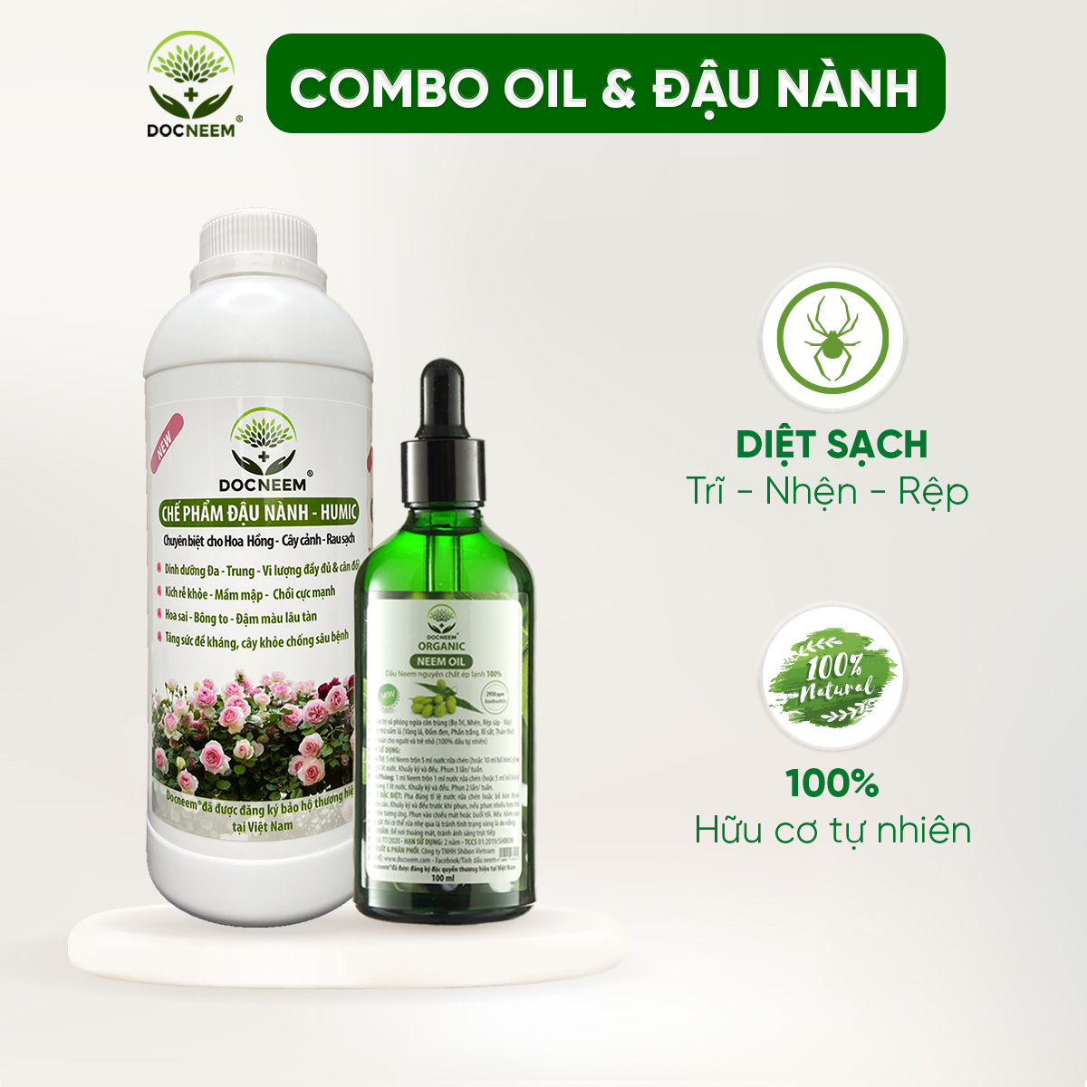 Combo Dầu Neem và Phân bón đậu nành Humic DOCNEEM hữu cơ, trị sâu bệnh kích chồi hoa hồng chuẩn form chai 100ml và 1 lít