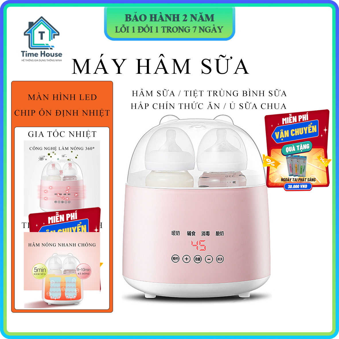 Máy hâm sữa và thức ăn cho bé tiệt trùng 2 bình giữ nhiệt liên tục sữa và nước cho bé với 4 chức năng Tiệt trùng bình sữa, hâm sữa, hâm thức ăn, luộc trứng Bảo hành 24 tháng lỗi đổi mới trong 7 ngày