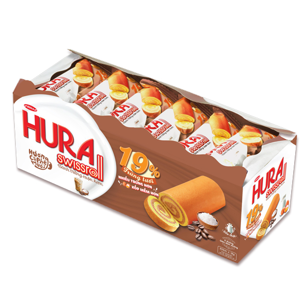 Bánh bông lan cuộn hura swissroll cafe muối - khay 360g - túi 180g - bibica
