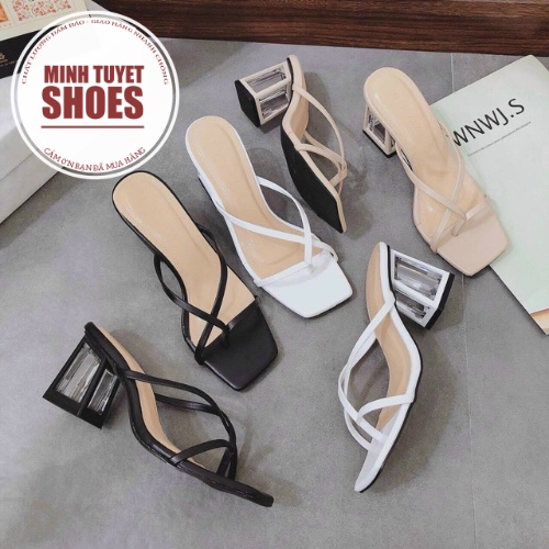 Guốc gót vuông mũi hở Minhtuyetshoes-Giày cao gót nữ kiểu kẹp ngón dây mảnh mẫu mới hè 2022 mã GCG2022
