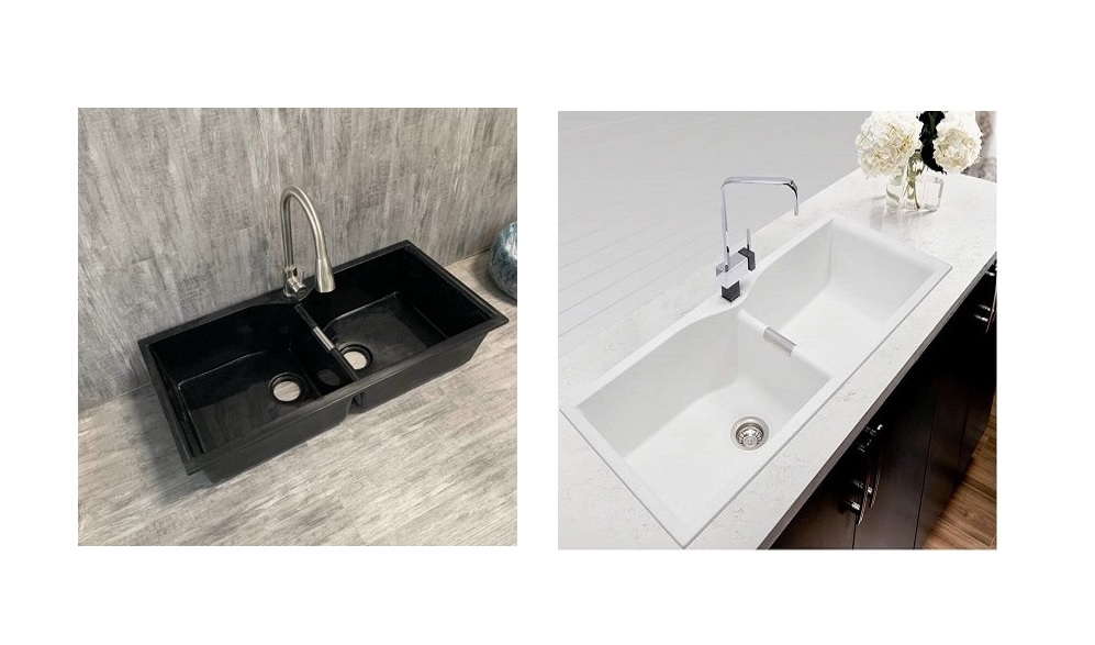 Bồn rửa chén 2 ngăn bằng đá nhân tạo có 2 màu đen và trắng để lựa chọn