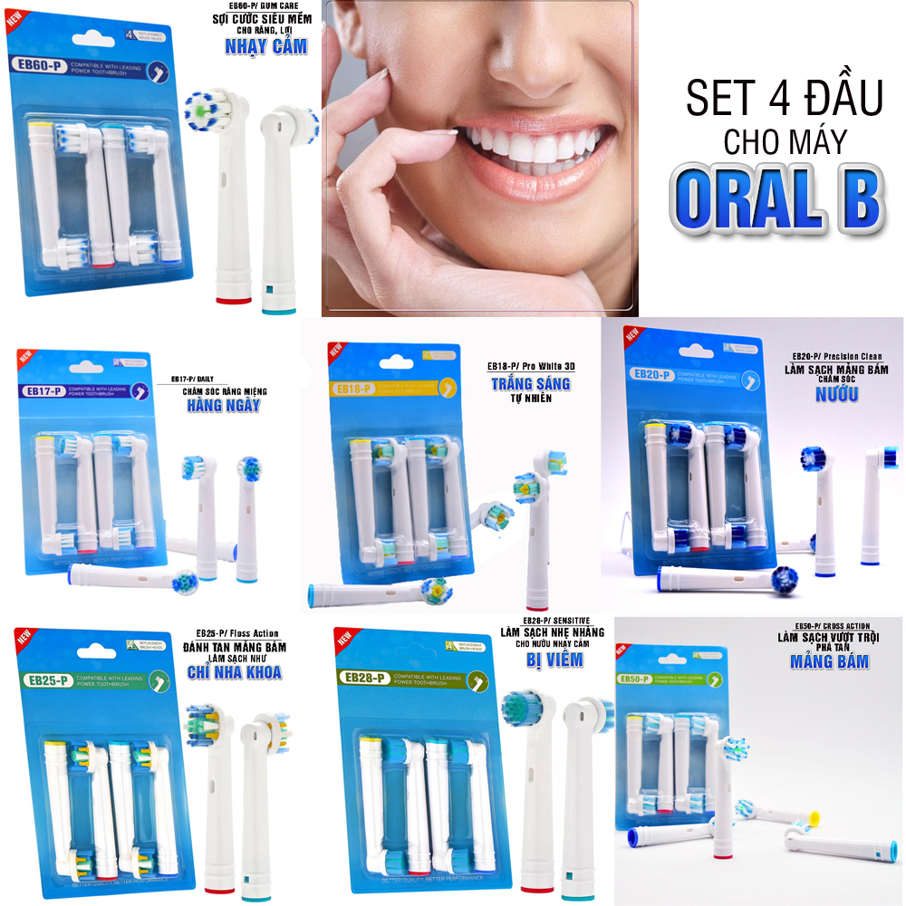 Set Bộ 4 đầu bàn chải đánh răng điện máy Oral B Braun chăm sóc răng miệng toàn diện Lông Mềm Minh House EB