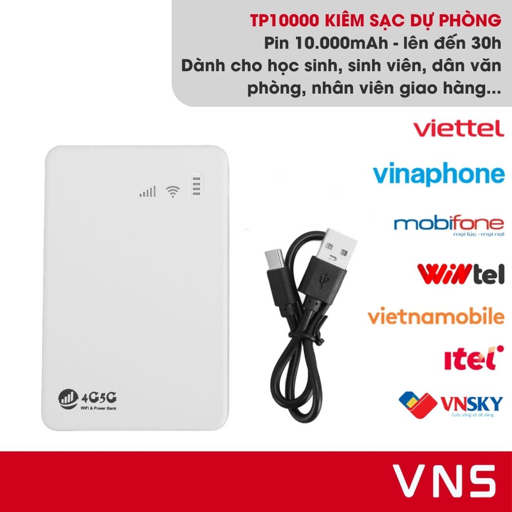 TP10000 Cục Phát Wifi Từ Sim 4G Kiêm Sạc Dự Phòng VNS Pin 10.000mAh (Phát WIfi Lên Đến 30h Liên Tục)