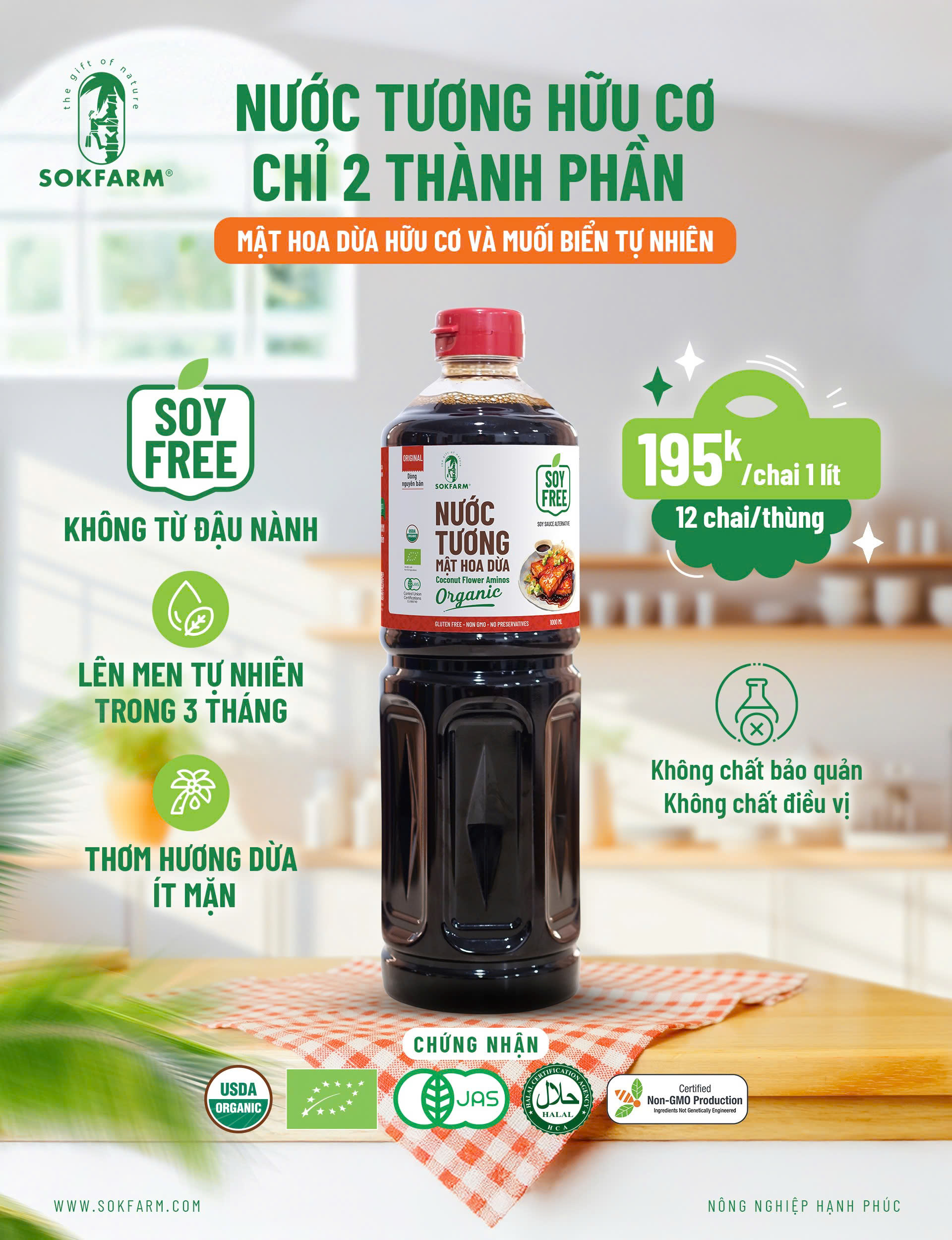 Nước tương mật hoa dừa organic Sokfarm dòng chuyên nấu chai 1 lít vị umami tự nhiên