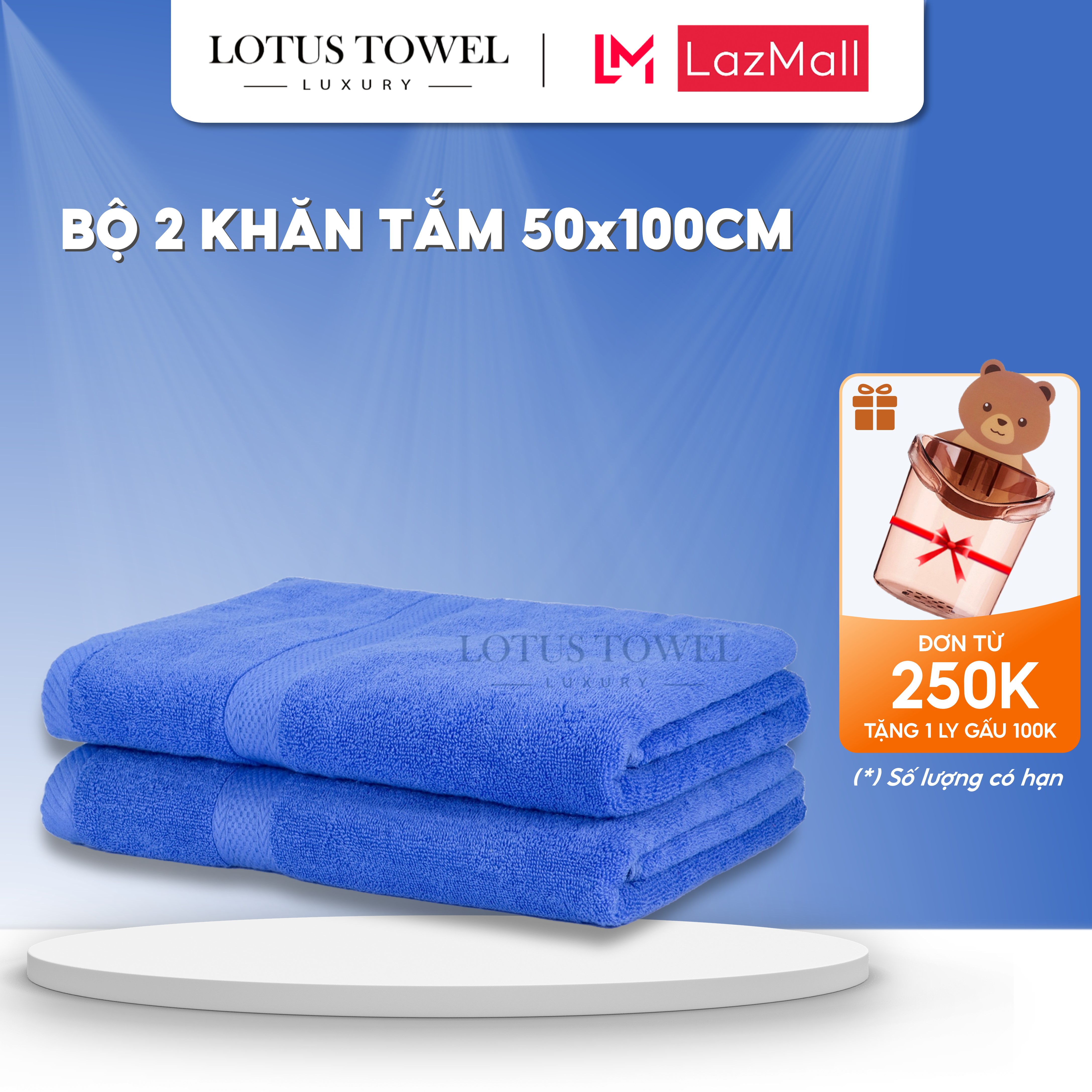 Bộ 2 Khăn Tắm 50x100cm LOTUS TOWEL 100% Cotton Cao Cấp Mềm Mịn Thấm Hút Không Ra Màu