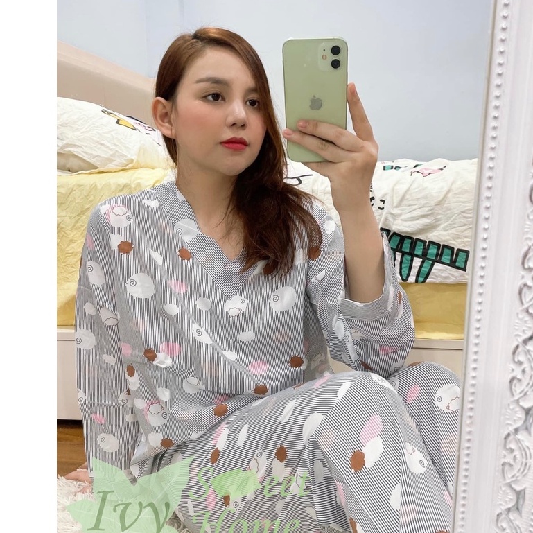 Bộ ngủ nữ đồ mặc nhà dài tay cổ tim lanh lụa 🍑 đồ bộ mặc ngủ nữ dễ thương viscose 🍑 ivy607