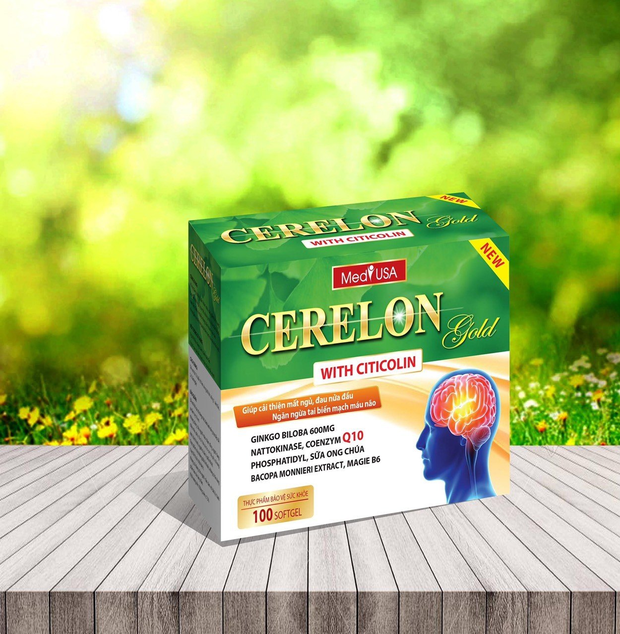 Viên Uống Bổ Não Ginkgo Biloba Extract 600mg Cerelon Gold Mediu USA- Giảm Rối Loạn Tiền Đình, Giảm Đau Đầu , Mất Ngủ, Hoa Mắt Chóng Mặt- hộp 100 viên