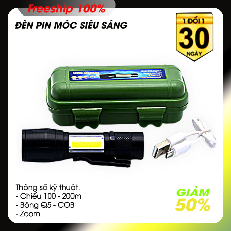 Đèn pin siêu sáng móc cài 1516 - hộp nhựa cổng sạc USB - Zoom - chớp LED - Video sản phẩm