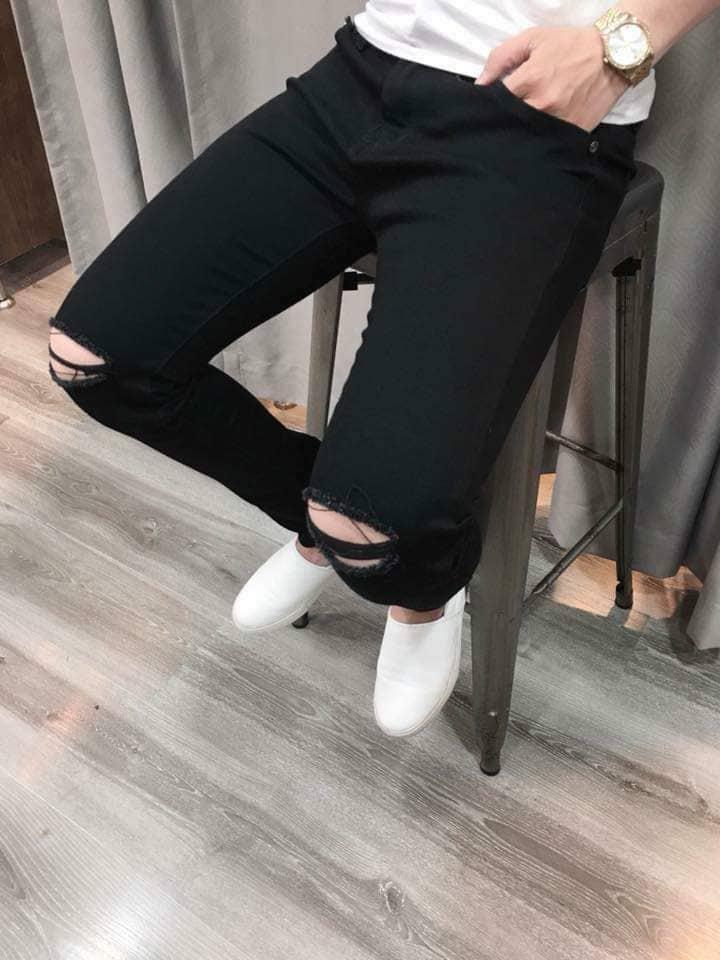 Quần jean nam đen trắng rách gối cao cấp vải dày co dãn thoải mái chuẩn shop (hàng đẹp)