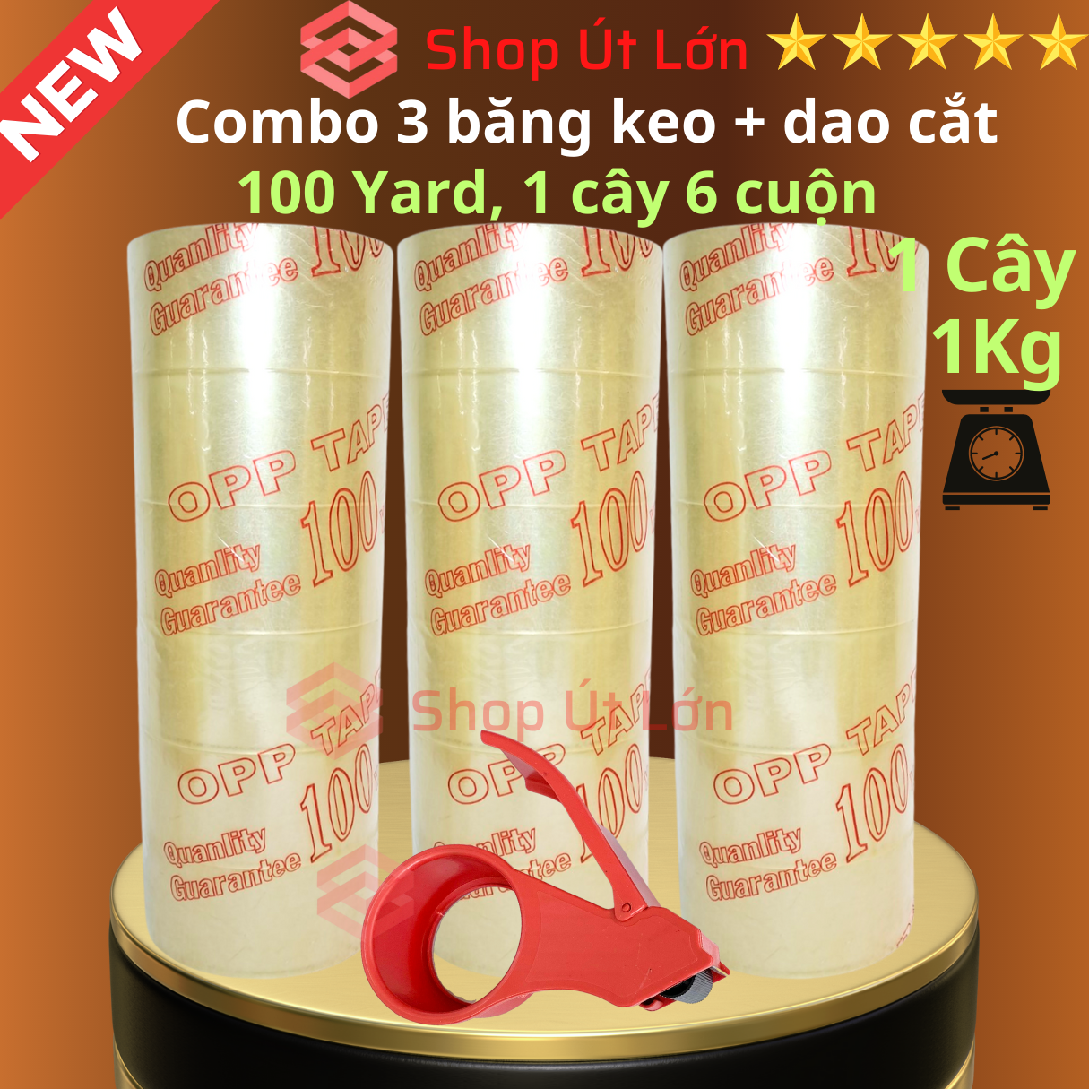 Combo 3 cây băng keo trong, đục 100yard kèm dao cắt, 1 cây 1kg, lõi giấy 5mm, chiều rộng cuộn 4,7cm, mỗi cây 6 cuộn